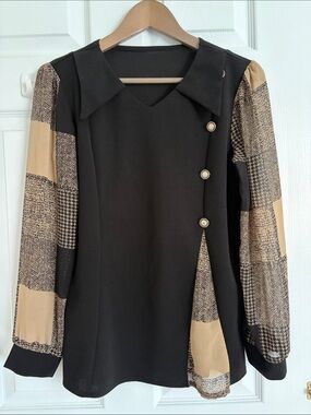 Black Top with Beige Patchwork Sleeves